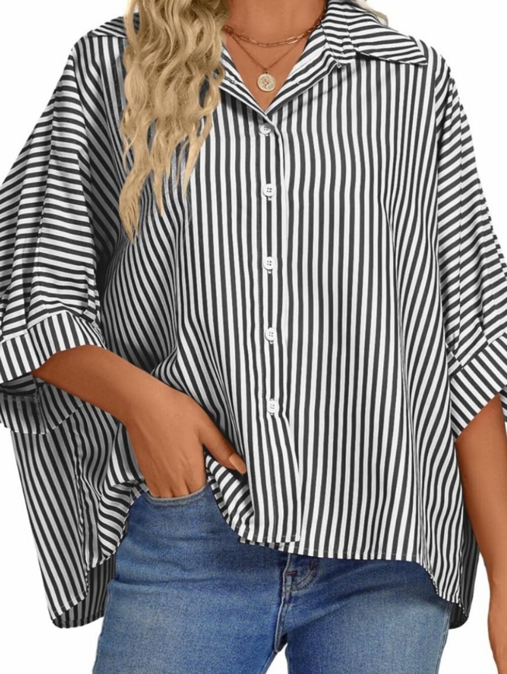 SHEIN Black & White Vertical Stripe Button-Down Shirt